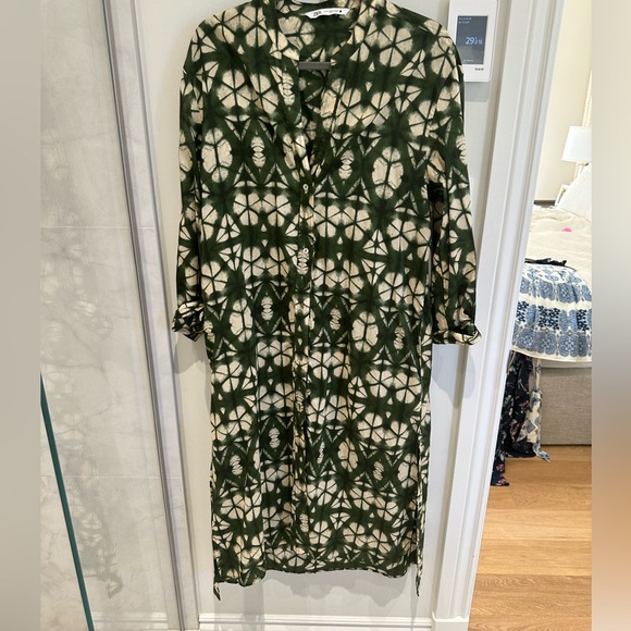 NWOT ZARA PRINTED TUNIC DRESS GREEN / ECRU SIZE M - Picture 5 of 7